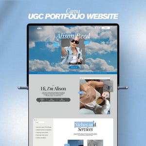 Może przedstawiać: Ekran laptopa wyświetla portfolio strony internetowej. Strona internetowa zawiera u góry tekst "Canva UGC PORTFOLIO WEBSITE". Treść strony internetowej obejmuje zdjęcie osoby, imię "Alison Reed" oraz sekcje zatytułowane "Hi, I'm Alison" i "Niches and Services."