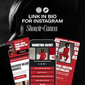 May include: Three mobile phone screens showing a website for a marketing agency. The website features a red and black color scheme with images of people and text that says "Discover Valuable Insights", "Marketing Agency", and "Content Creation Masterclass".