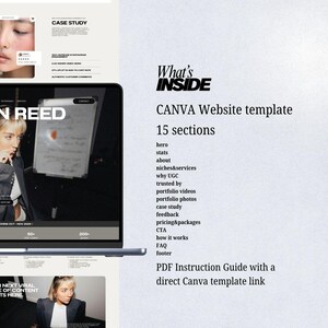 May include: A laptop displays a website template with the text "LISON REED" and "CANVA Website template." The image includes screenshots, a case study, and a list of sections. The design is modern and clean, with a focus on content creation.