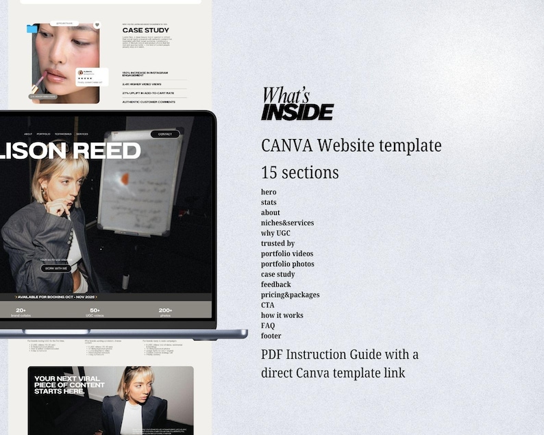 May include: A laptop displays a website template with the text "LISON REED" and "CANVA Website template." The image includes screenshots, a case study, and a list of sections. The design is modern and clean, with a focus on content creation.