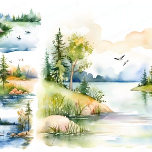 15 Watercolor Lakeside Scenery Clipart, High-Quality JPGs, Spring Lake Landscape, Commercial Use JPG, Scrapbooking, Junk Journal, Printable