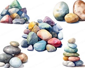 Watercolor Rocks Clipart, Rock Clip Art, Stone Clipart, Stones Illustration, Pebble Clipart, Rock Pile, Junk Journal, Digital Download