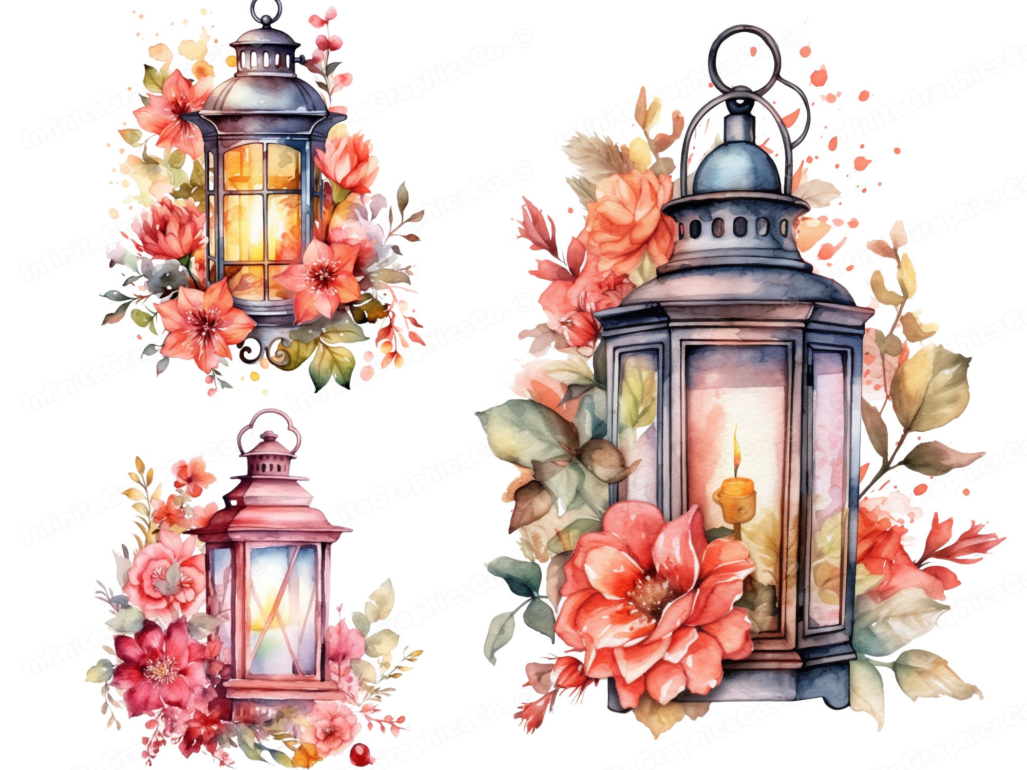 Watercolor Floral Lantern Clipart, Cottagecore Lantern Clipart, PNG ...