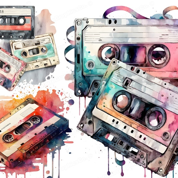 Watercolor Cassette Tape Clipart, 5 High-Quality PNGs, Instant Download for Commercial Use, Junk Journal, Scrapbook, Music Clipart