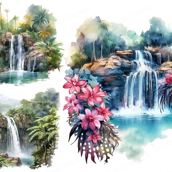 Watercolor Tropical Waterfall Clipart, Tropics Clipart, Tropical Landscape, Waterfall Clip Art, Digital Download & Commercial Use