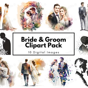 Imágenes prediseñadas de novia y novio de acuarela, imágenes prediseñadas PNG nupcial, paquete de imágenes prediseñadas de ilustración de boda, imágenes prediseñadas descargables de uso comercial gratuito