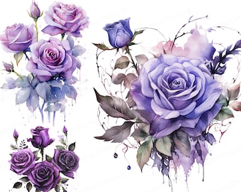 Aquarel Purple Rose Clipart, Purple Rose PNG, aquarel bloemen clipart, bruiloft clipart, Instant Download en commercieel gebruik gratis