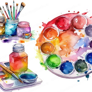 水彩絵の具のクリップアート、絵の具セットのクリップアート、画家のクリップアート、アーティストの絵画画像、高品質の PNG、即時ダウンロード & 商用利用