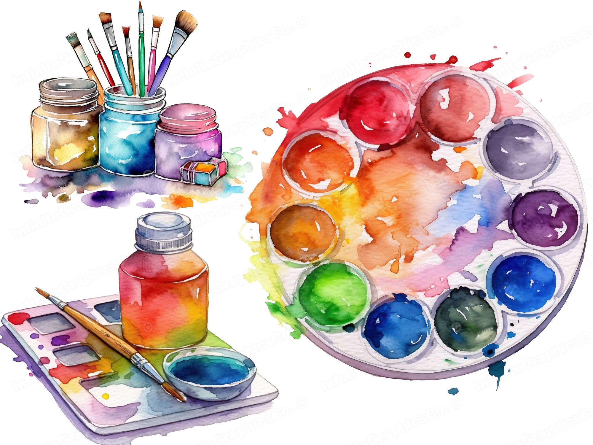 Watercolor art supplies clipart, paint brush, paint, canvas graphics back  to school craft png commercial use