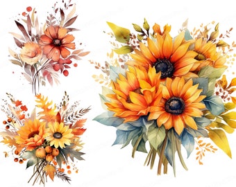 Watercolor Autumn Flowers Clipart, Autumn Floral Decor, Autumn Clip Art, Fall Clipart, Thanksgiving Clipart, Digital Download