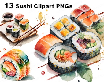 13 Watercolor Sushi Clipart, Food Clipart, Food Illustration, Japanese Food Clipart Bundle, Paper craft, Scrapbooking, Junk journal