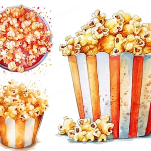 Clipart de pipoca aquarela, clipart de filme aquarela, clipart de cinema, pipoca PNG, entretenimento, download instantâneo, arte para impressão