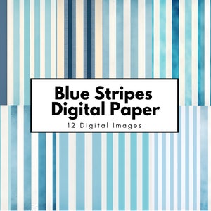 Watercolor Blue Stripes Digital Paper - Collection of 12 JPG Blue Stripe Images for Scrapbooking, Junk Journaling, and More!