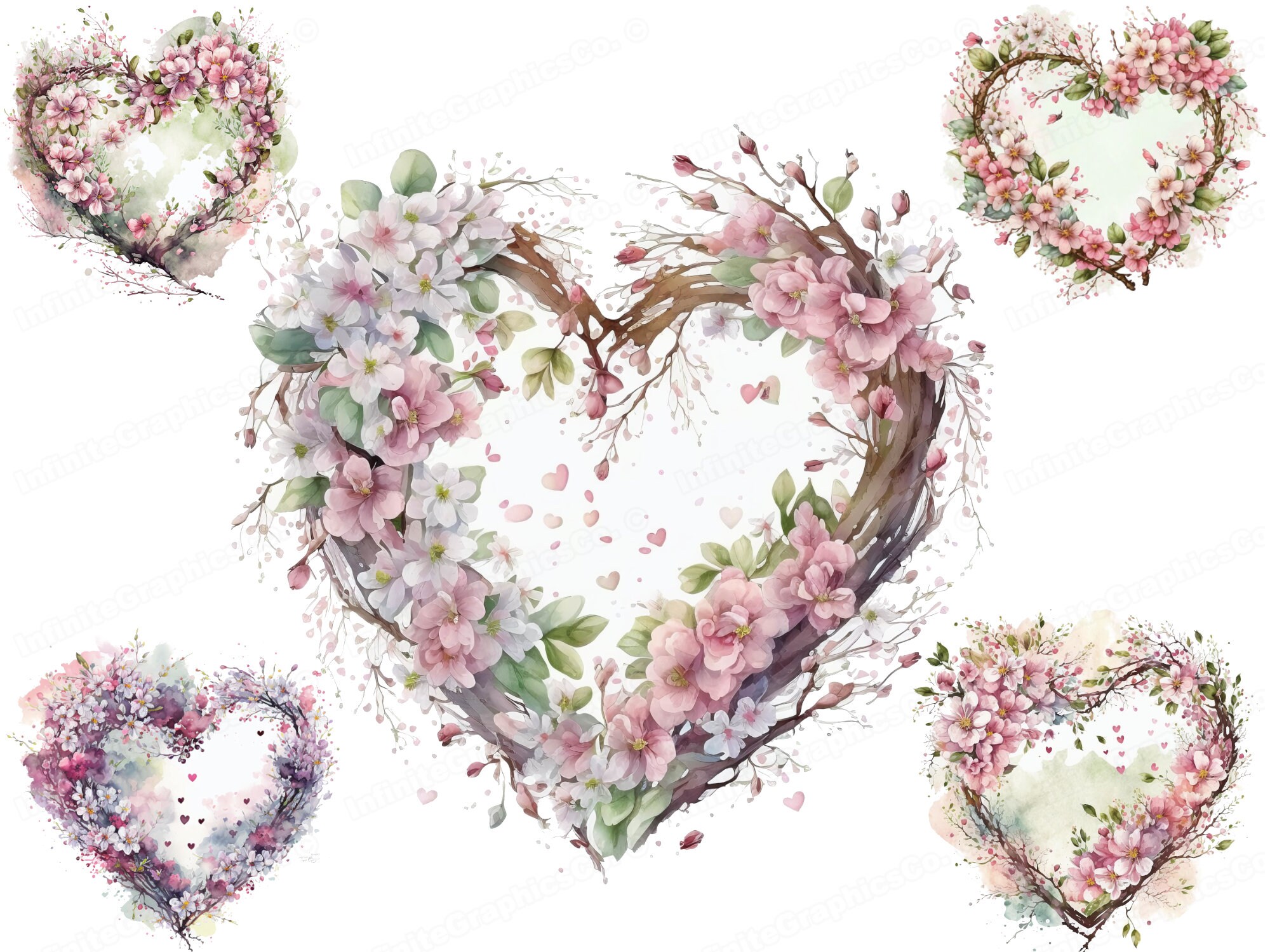 Floral Heart Wreath Clipart, 10 High-quality Jpgs, Digital Download