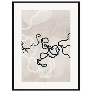 May include: Abstract art print with a black line drawing of a swirling shape on a light beige background.