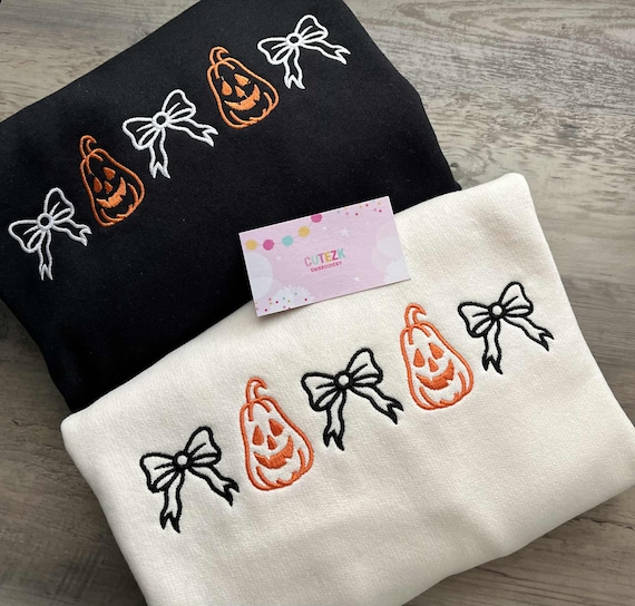 Halloween Pumpkins and Bows Embroidered Crewneck Sweatshirt Fall