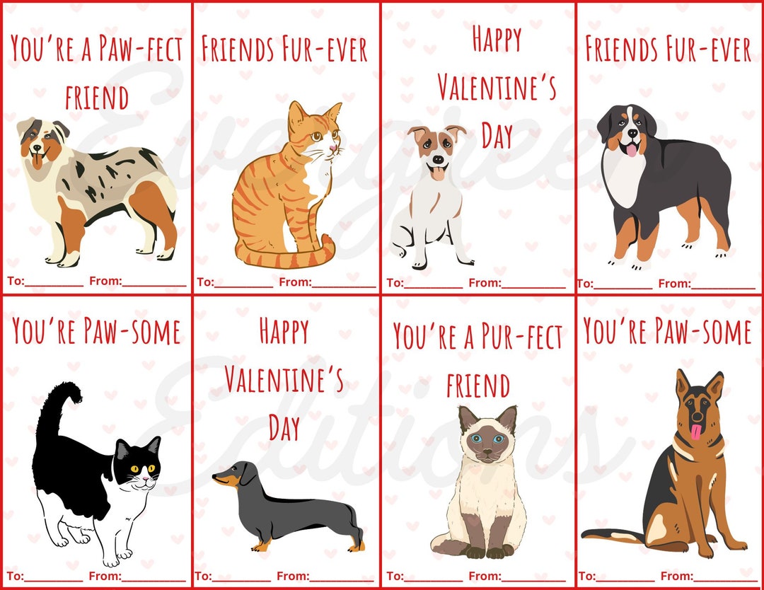 Cats and Dogs Valentine's Cards Set-instant Download - Etsy
