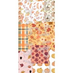 Peut inclure: Un collage de motifs sur le thème de l'automne. Les motifs comprennent des citrouilles, des feuilles et des éléments floraux dans des tons orange, marron et crème. Certains motifs présentent des carreaux et des motifs vichy, parfaits pour les créations et la décoration d'automne.