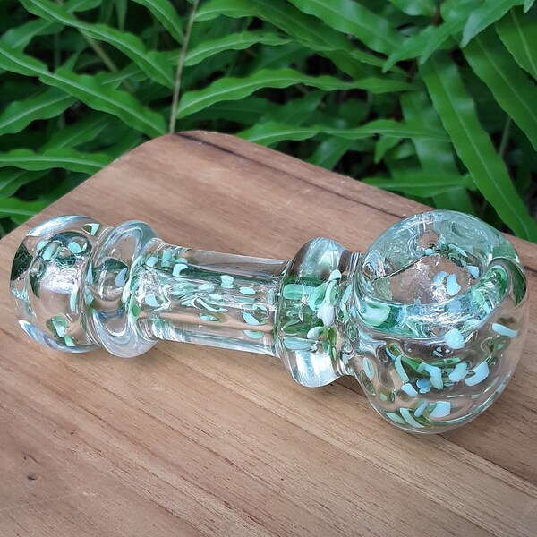 Shattered Reflections Glass Pipe, 4" Speckled Spotted Hand Pipe, Green Frit Fused Pipe, Thick Glass Pipes