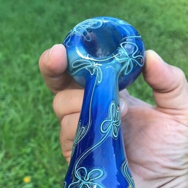 Abstract Flowers Glass Pipe, Line Worked Blue Swirled Glass Hand Pipe