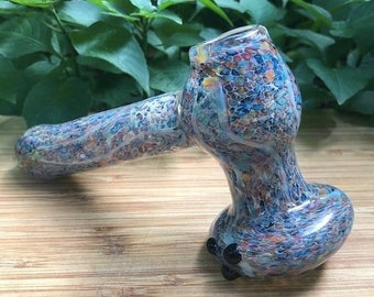 Speckled Glass Hammer Pipe, Rainbow Frit Glass Pipe, Standing Glass Hand Pipe