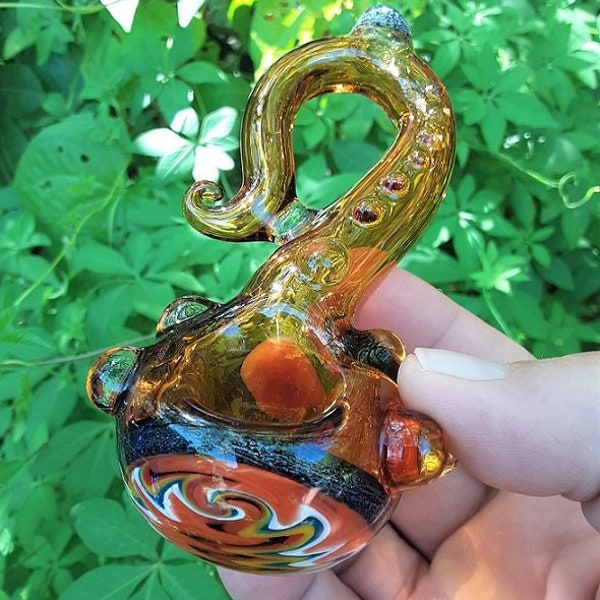 Octopus Glass Tentacle Pipe, 5" Dichroic Glass Pipe, Amber Glass Pipe, Worked Wig Wag Hand Pipe