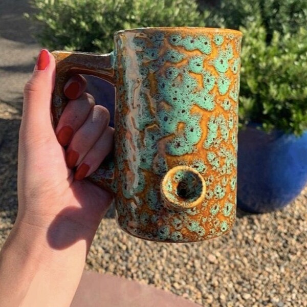 Coffee Mug Smoking Pipe 8oz Ceramic Cup Beverage Tea Speckled Crackled Green Patina Tobacco Smoker Gift