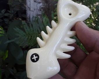 Ceramic Fish Bone Hand Pipe, 4" Fish Skeleton Pipe, Hand Painted White Pipe