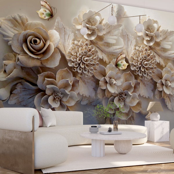 3D Floral Look Wallpaper, Flowers Wall Mural, Peel and Stick Floral Mural, Self Adhesive Wallpaper