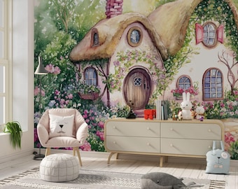 Papel de Parede Mural para Quarto Infantil Floresta de Contos de Fadas - Decoração de Quarto de Bebê em Casa na Árvore, Papel de Parede para Quarto de Bebê Floresta Mágica