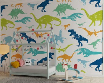 Buntes Dinosaurier Tapete, T-Rex Jungen Wandbild, Dino Muster (Schälen und aufkleben)