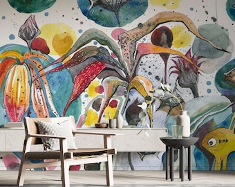 Mural de parede vintage com peixes: vida marinha abstrata, papel de parede removível e colante
