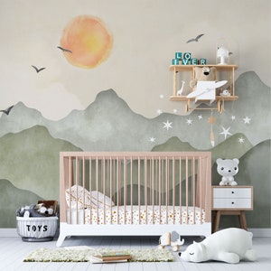 夕日の子供部屋の壁紙、山々の向こうに沈む夕日の子供部屋の壁紙、水彩画効果の剥がして貼る壁画、子供用壁紙