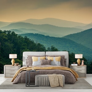 Appalachian Trees Forest Landscape Mural, Appalachian Mountains Mural, Natural Foggy Forest Peel and Stick Self Adhesive Removable Wallpaper