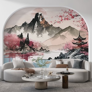 Chinoiserie Wallpaper, Asian Cherry Blossoms Wall Mural, Asian Style Foggy Forest Mountain Wall Murals, Fleurs de cerisier asiatiques