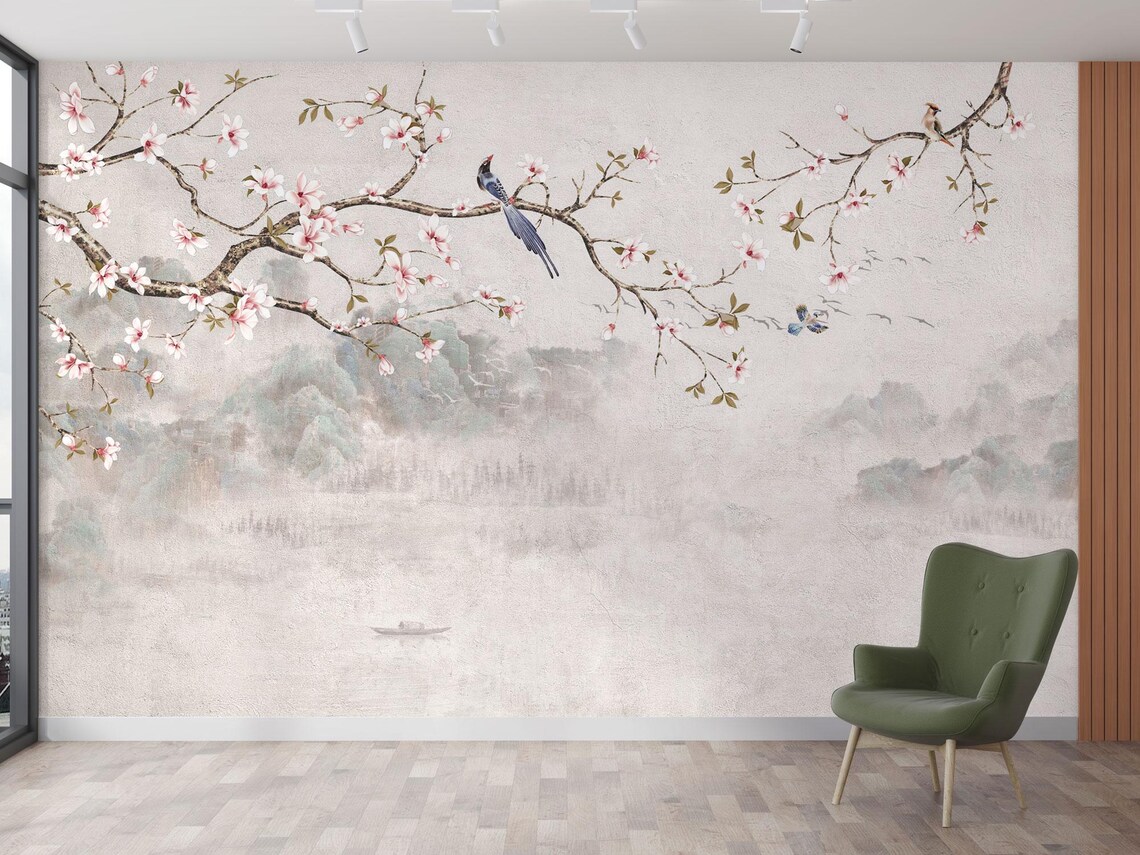 Chinoiserie Cherry Blossom Wallpaper: Asian Floral Wall Mural Peel and ...