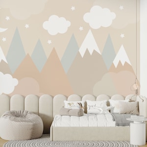 Carta da parati per bambini con montagne dai colori pastello, murale per cameretta dei bambini con cielo e nuvole, murale facilmente rimovibile, carta da parati per cameretta dei bambini con montagne