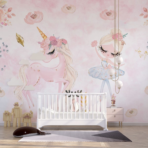 Unicorn And Ballerina Girl Kids Wallpaper, Unicorn Nursery Mural, Self-adhesive Removable Mural, Decal, Child Room Wall Decor, Tapestry