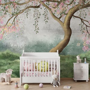 Chinoiserie Floral Wall Mural: Pink Green Cherry Blossoms Peel and Stick Wallpaper