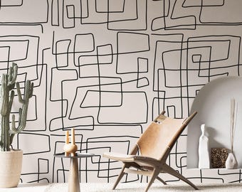 Mural de parede abstrato moderno em preto e branco - Papel de parede geométrico autoadesivo