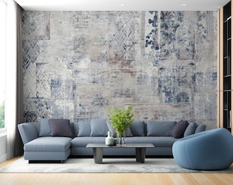 Mural de parede com paisagem vintage: papel de parede removível e colante em tons pastel azul