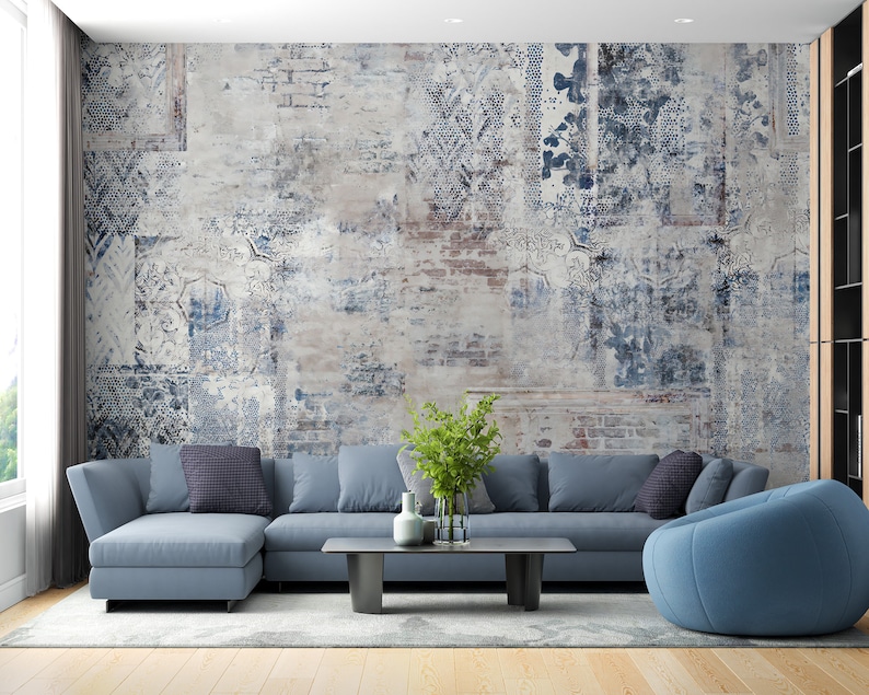 Vintage Style Wall Mural, Antique Look Wallpaper Peel Stick, Blue Colors Living Room Wall Mural