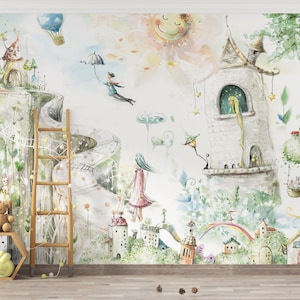 Carta da parati per bambini con tema acquerello del castello di Rapunzel, casette nella foresta delle fate, carta da parati Rapunzel per la cameretta dei bambini, decorazione murale per la cameretta dei bambini