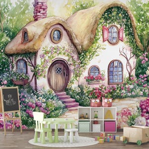 Carta da parati murale con foresta fatata, carta da parati murale con design forestale per cameretta dei bambini, carta da parati con case sugli alberi per cameretta dei bambini, carta da parati con foresta magica per cameretta dei bambini