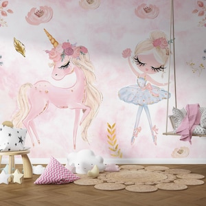 Carta da parati per bambini con unicorno e ballerina, murale per cameretta con unicorno, murale autoadesivo rimovibile, decorazione murale rosa per cameretta con unicorno