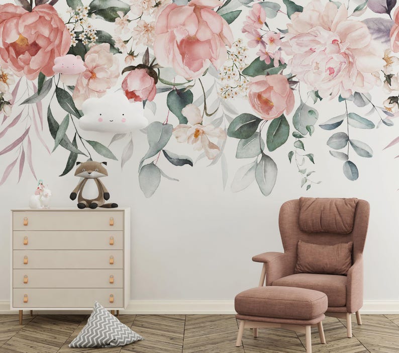 Pink Peony Watercolor Floral Wallpaper Mural - Peel and Stick - Etsy
