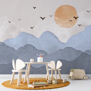 Bohemian Colors Self Adhesive Nursery Wallpaper, Sunset Through The Mountains With Watercolor Effect Peel And Stick Mural, Kids Wallpaper