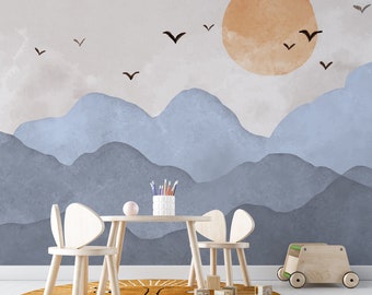 Selbstklebende Tapete im Boho-Stil, Sonnenuntergang durch die Berge mit Aquarell-Effekt schälen und aufkleben Wandbild, Kindertapete