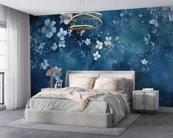 Blue Floral Wallpaper, Navy Watercolor Wall Mural, Chinoiserie Blossom Wall Decor, Peel and Stick or Vinyl Wallpaper, Modern Indigo Murals
