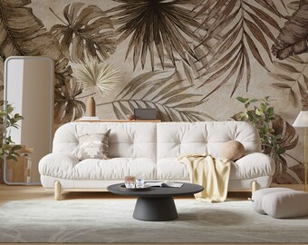 ボヘミアン風水彩画風ヤシの葉柄の貼ってはがせる壁紙｜ヴィンテージ風トロピカルリーフ壁画